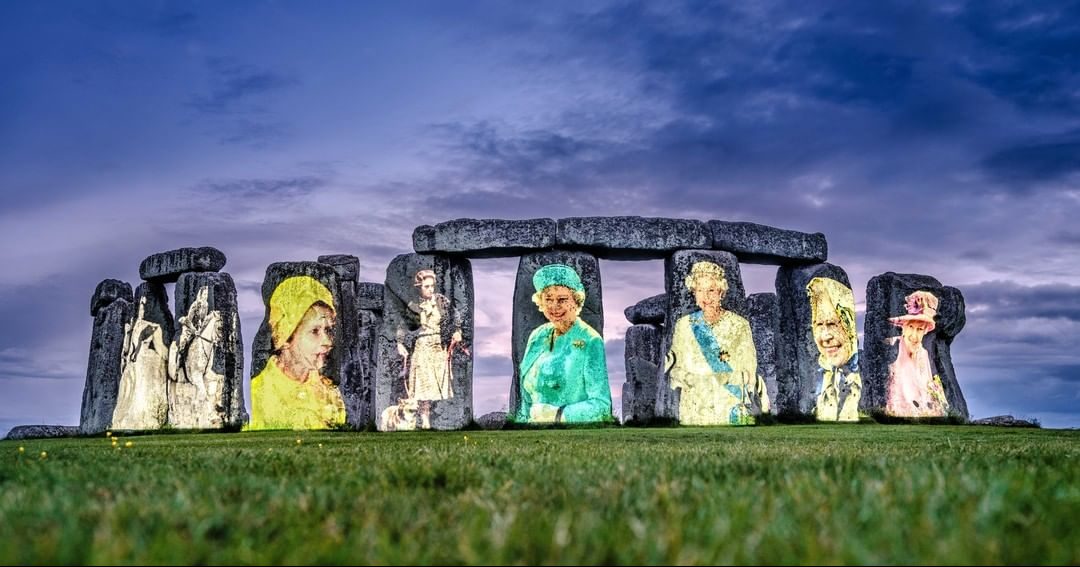 Amazing scene!  secondly.  Queen Elizabeth smiles at us from Stonehenge